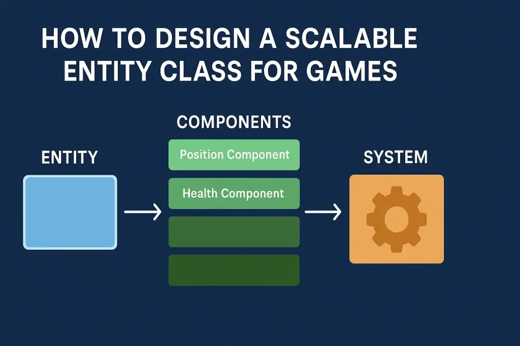 How to Design a Scalable Entity Class for Games - ECS Architecture Diagram A visual representation of ECS architecture showing Entity, Components like Position and Health, and a System with directional arrows.