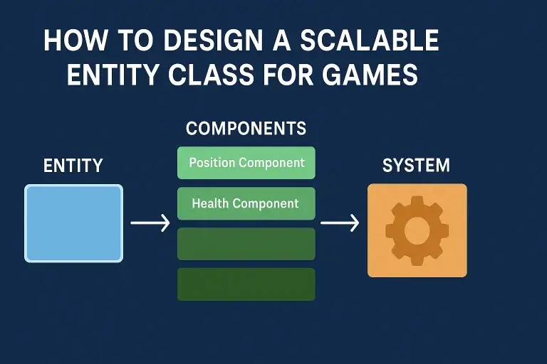A visual representation of ECS architecture showing Entity, Components like Position and Health, and a System with directional arrows.